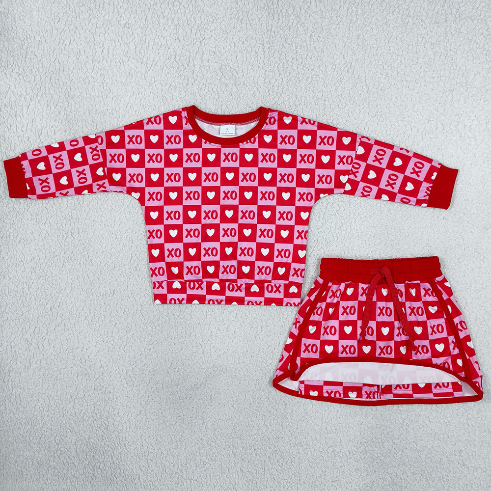 Baby Girls Long Sleeve Hearts XOXO Checked Top Skirt Short Valentines Clothes Set GLD1826