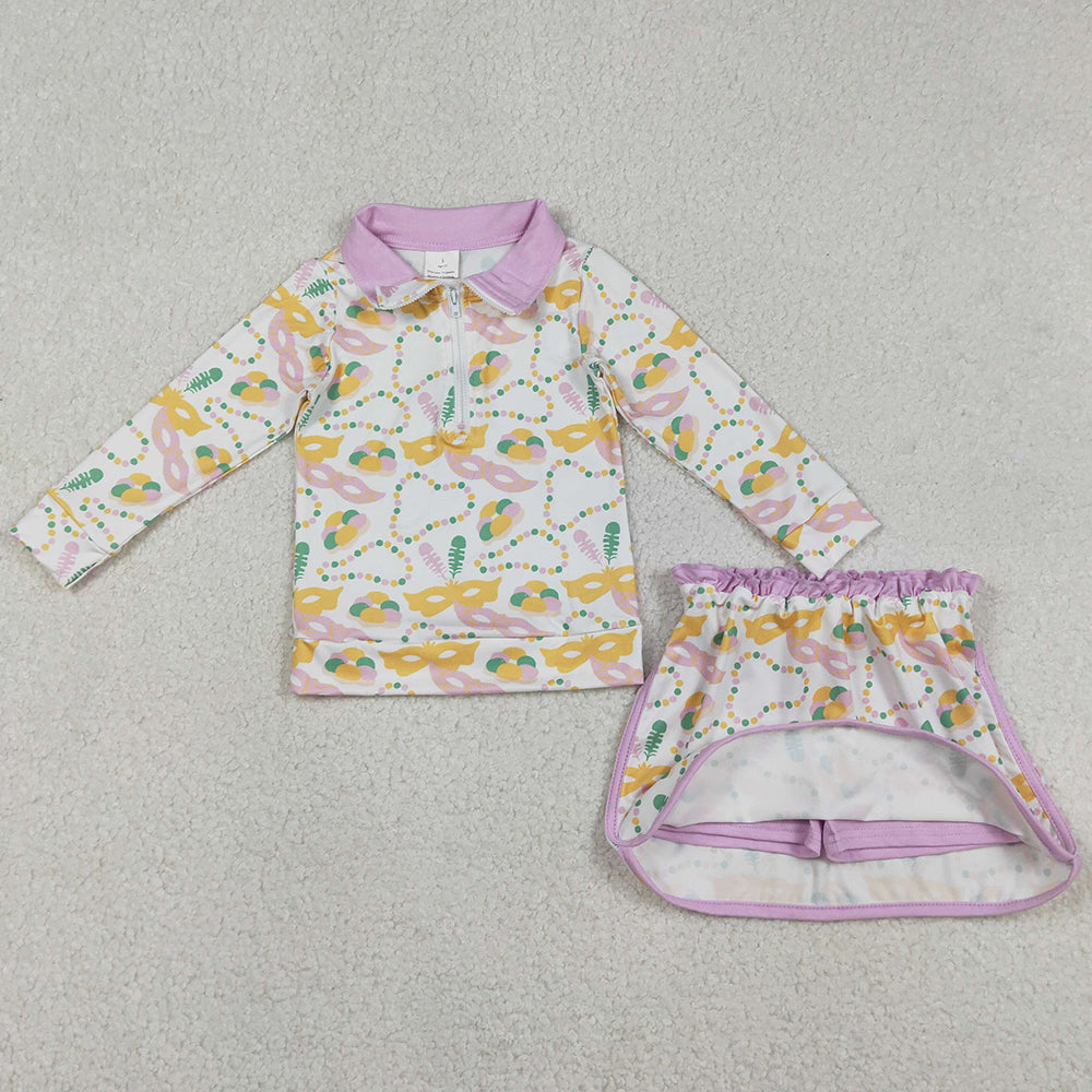 Baby Girls Clothes Mardigras Donuts Masks Zip Pullover Skirt Shorts Clothes Sets GLD1334 12.25