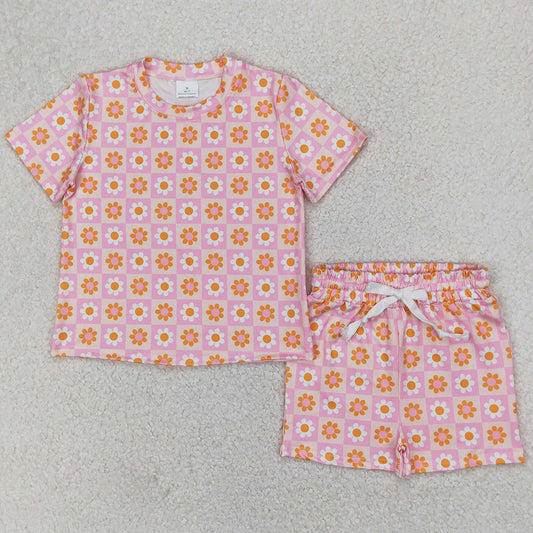 Baby Girls Clothes Pink Plaid Short Sleeves Daisy Flowers Top Shorts Pajamas Sets GSSO2425 4.2