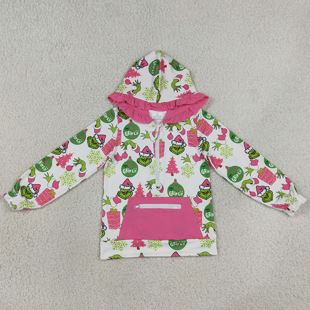 Baby Girls Clothes Green Face Gifts Pocket Zip Christmas Ruffle Hoodies Top GT1164