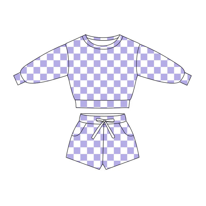 Preorder(moq 5) Baby Girls Lavender Checked Long Sleeve Pockets Shorts Clothes Sets 10.27