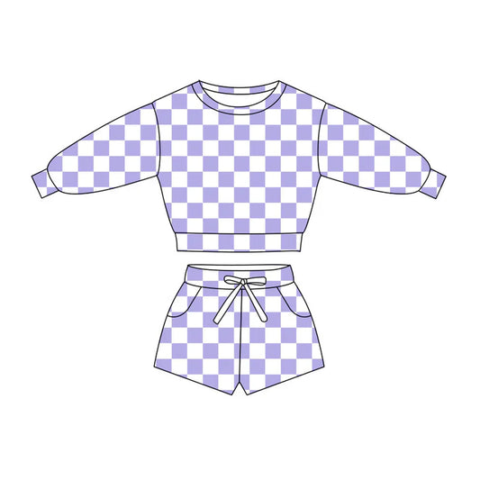 Preorder(moq 5) Baby Girls Lavender Checked Long Sleeve Pockets Shorts Clothes Sets 10.27