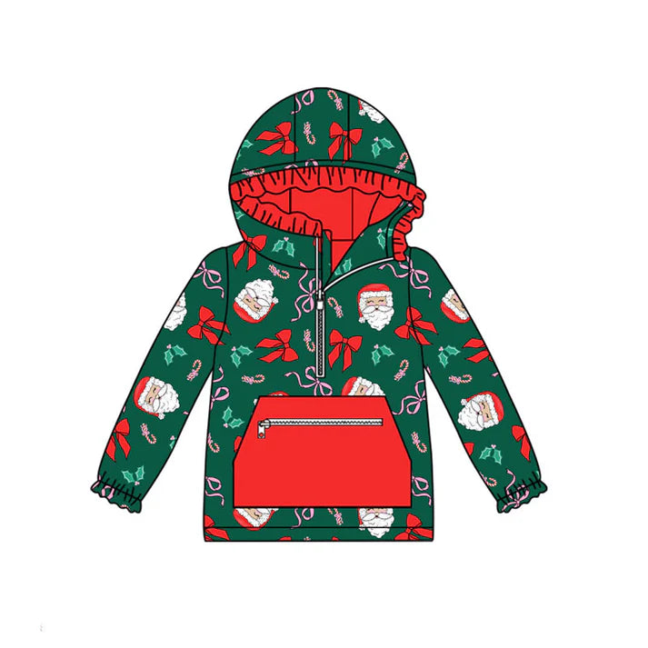 Preorder (moq 8)Baby Girls Dark Green Santa Bows Holly Zipper Pocket Christmas Ruffle Hoodies Top 9.22