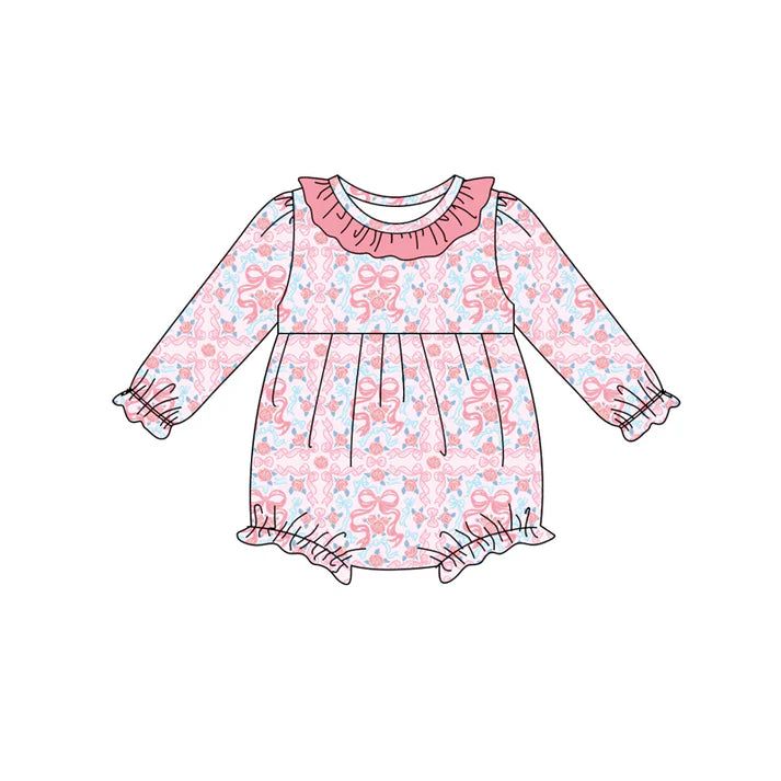 Preorder(moq 5)Baby Infant Girls Pink Bows Floral Ruffle Rompers 7.29