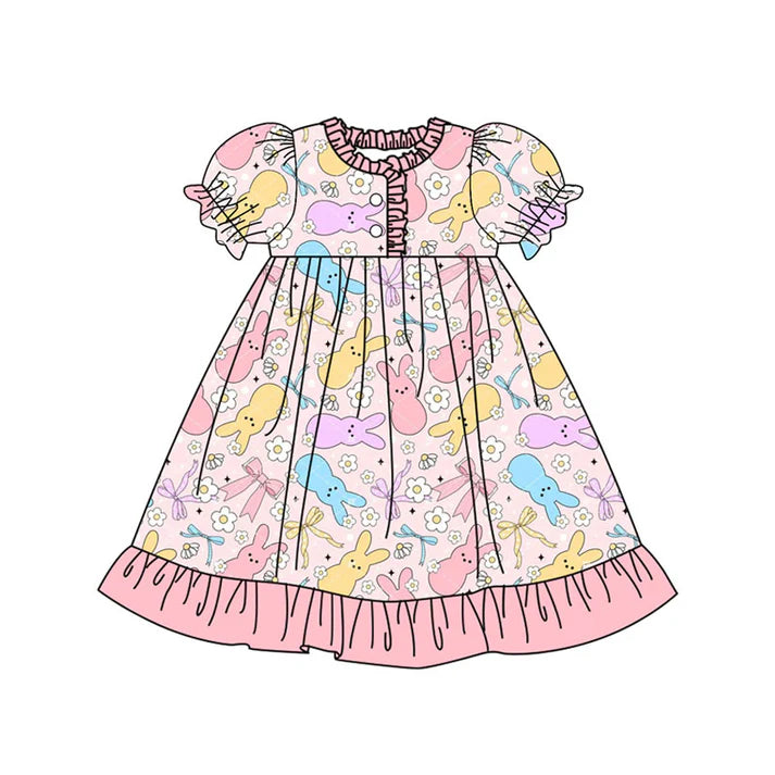 Preorder (moq 8)Baby Girls Colorful Flowers Rabbits Button Ruffle Easter Knee Length Dress 9.16