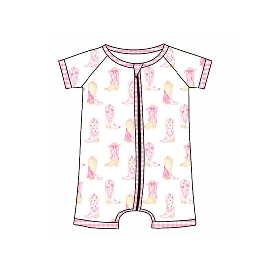 Preorder (moq 5)Baby Girls Pink Short Sleeves Boots Zipper Rompers 5.14