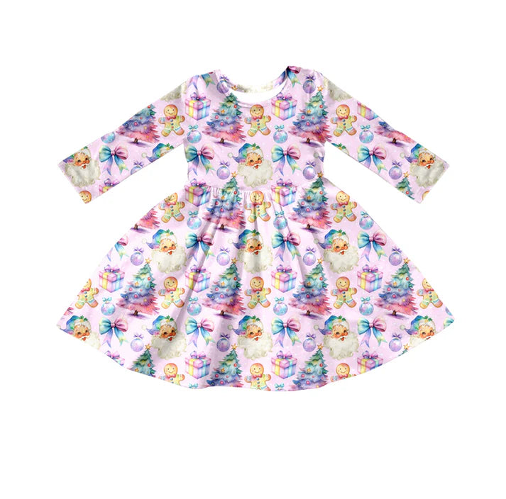 Preorder (moq 5)Baby Girls Lavender Long Sleeves Floral Trees Santa Knee Length Dresses 6.2
