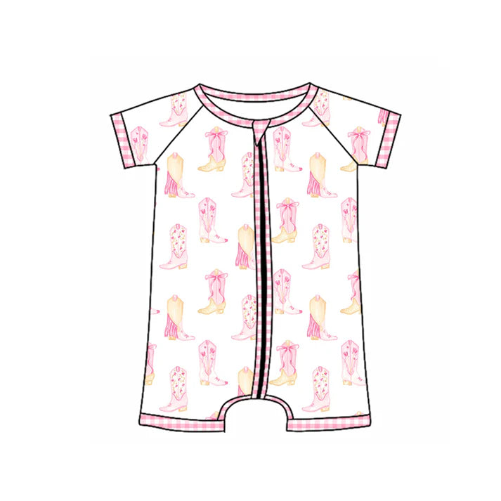 Preorder (moq 5)Baby Girls Pink Short Sleeves Boots Zipper Rompers 4.26