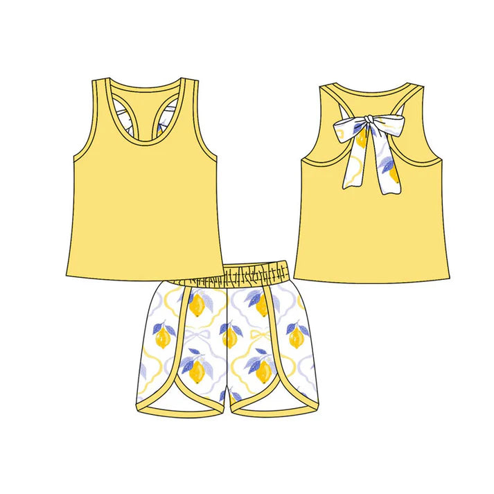 Preorder(moq 5) Baby Girls Yellow Sleeveless Back Bow Top Lemons Checked Shorts Clothes Sets 10.20