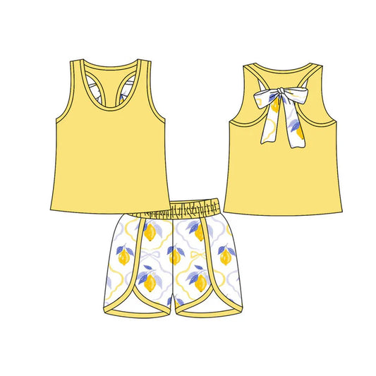 Preorder(moq 5) Baby Girls Yellow Sleeveless Back Bow Top Lemons Checked Shorts Clothes Sets 10.20
