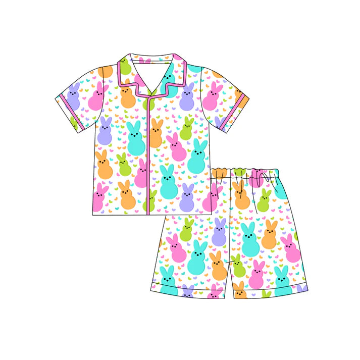 Preorder (moq 5)Baby Girls Colorful Rabbits Hearts Button Top Shorts Easter Pajamas Sets 12.12