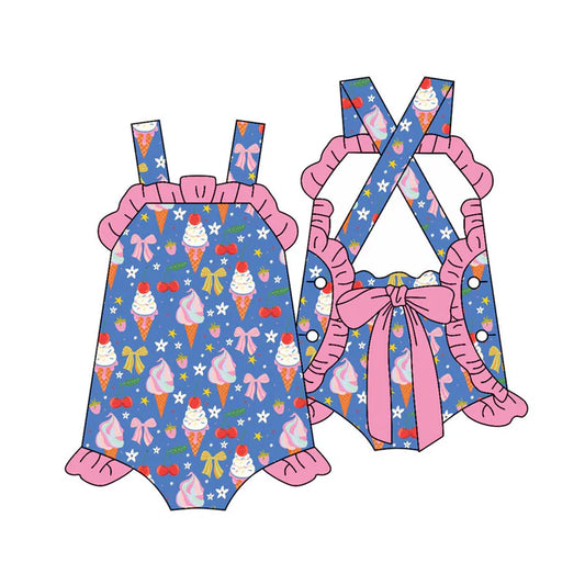Preorder (moq 5)Baby Girls Strap Ice Cream Flowers Back Bows Ruffle Rompers 11.18