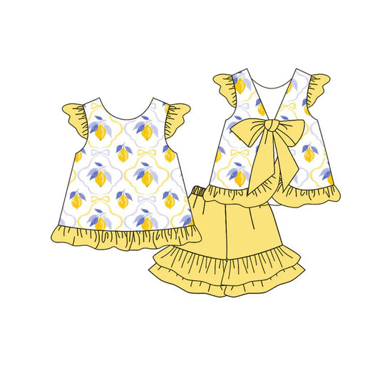 Preorder(moq 5) Baby Girls Yellow Lemons Checked Back Bow Tunic Ruffle Shorts Clothes Sets 10.20