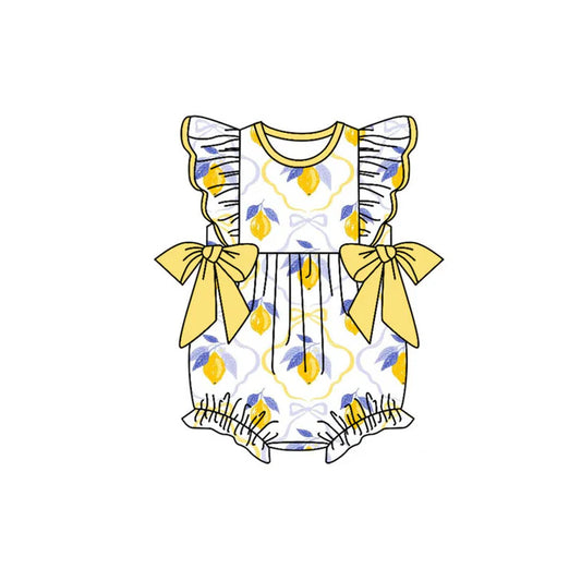Preorder (moq 5)Baby Girls Yellow Lemons Checked Flutter Sleeve Bows Ruffle Rompers 10.20