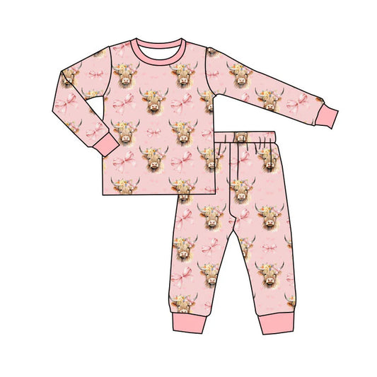 Preorder (moq 5)Baby Girls Pink Bows Highland Cows Top Pants Western Pajamas Sets 11.19
