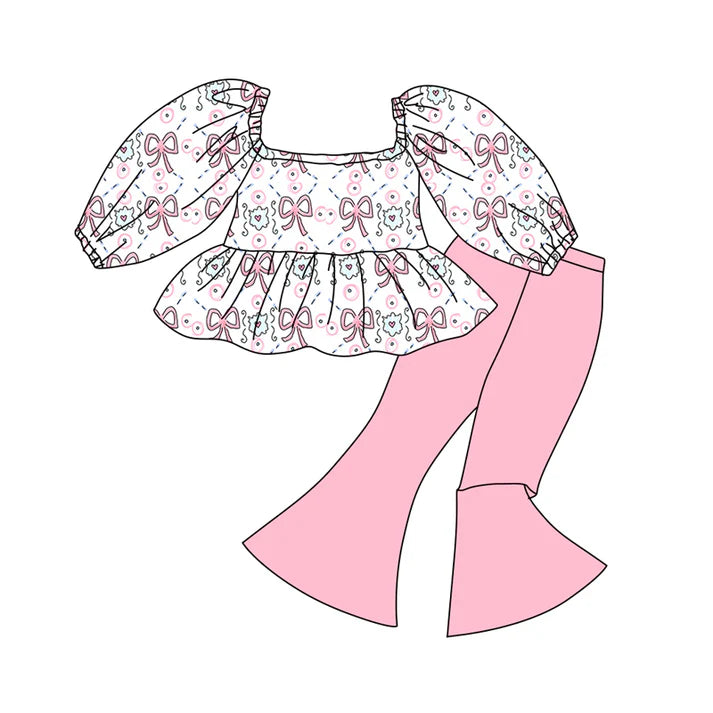 Preorder (moq 5)Baby Girls Flowers Hearts Ruffle Tunic Bell Bottom Pants Valentines Clothes Sets 12.15