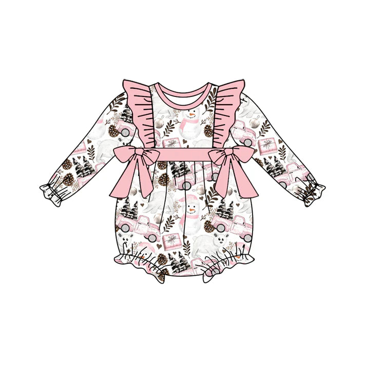 Preorder (moq 5)Baby Girls Long Sleeves Snowman Trees Trucks Bows Ruffle Romper 7.4