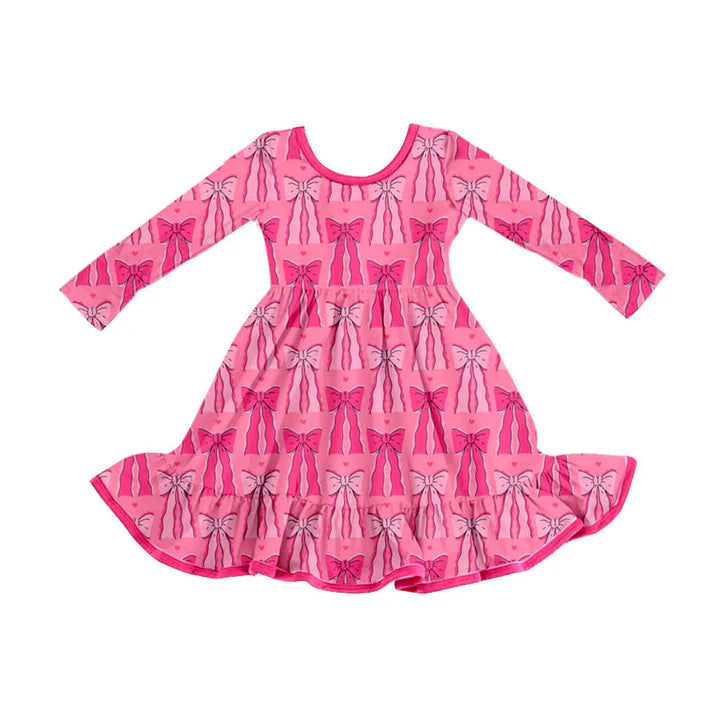 Preorder (moq 5)Baby Girls Hot Pink Bows Valentine Ruffle Knee Length Dresses 9.3