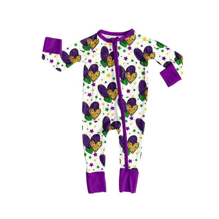 Preorder (moq 8)Baby Girls Purple Yellow Green Hearts Mardigras Zipper Footie Rompers 9.9