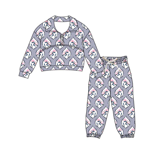 Preorder (moq 5)Baby Girls Flowers Checked Zipper Top Jogger Pants Clothes Sets 12.5