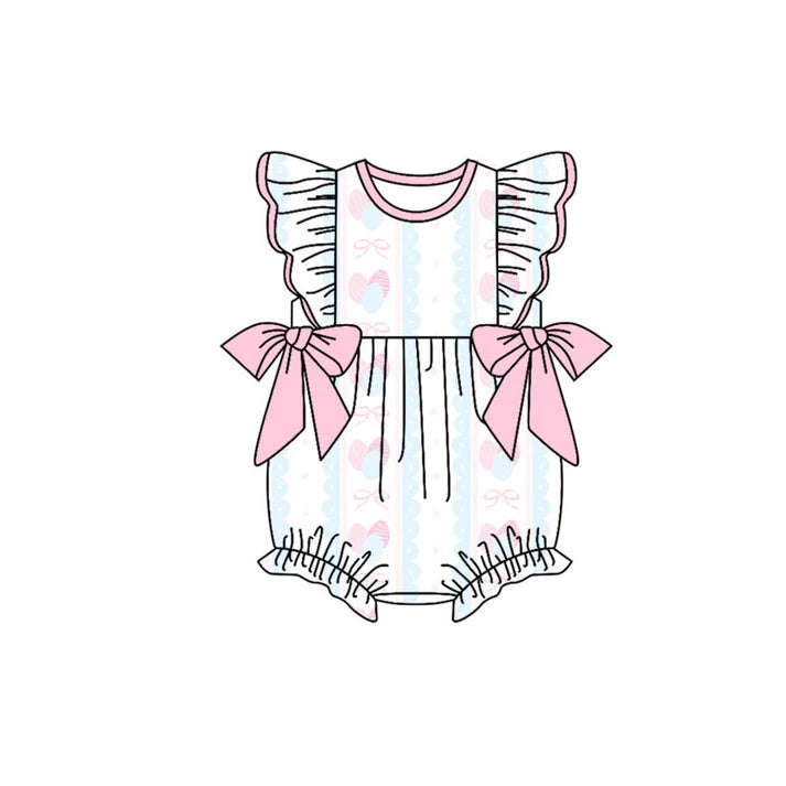 Preorder (moq 5)Baby Girls Eggs Bows Stripes Flutter Sleeve Bows Easter Ruffle Rompers 10.18