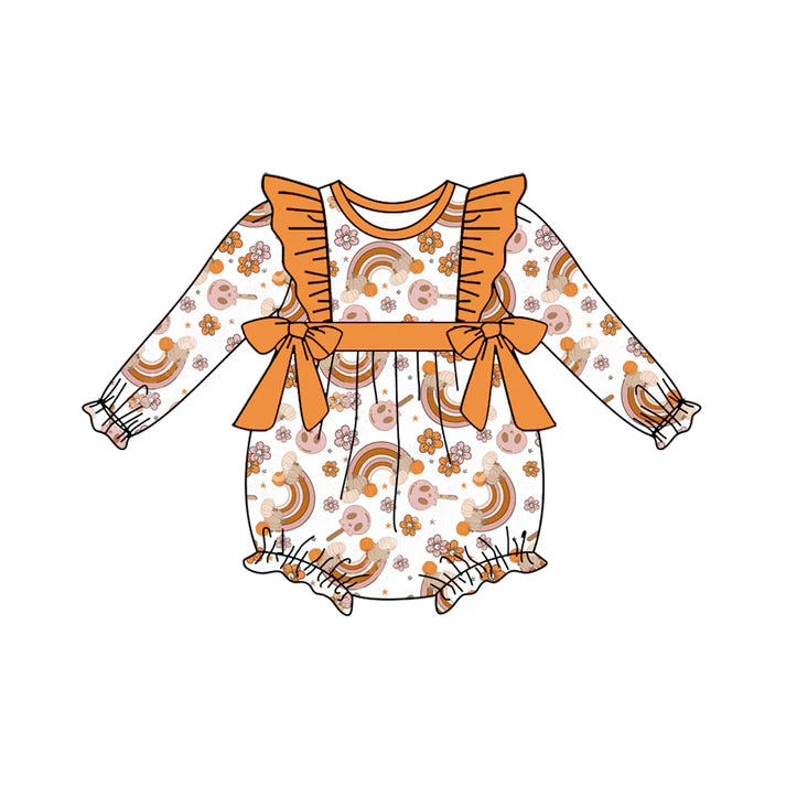 Preorder (moq 5)Baby Girls Long Sleeves Flowers Rainbows Pumpkins Bows Ruffle Romper 7.4