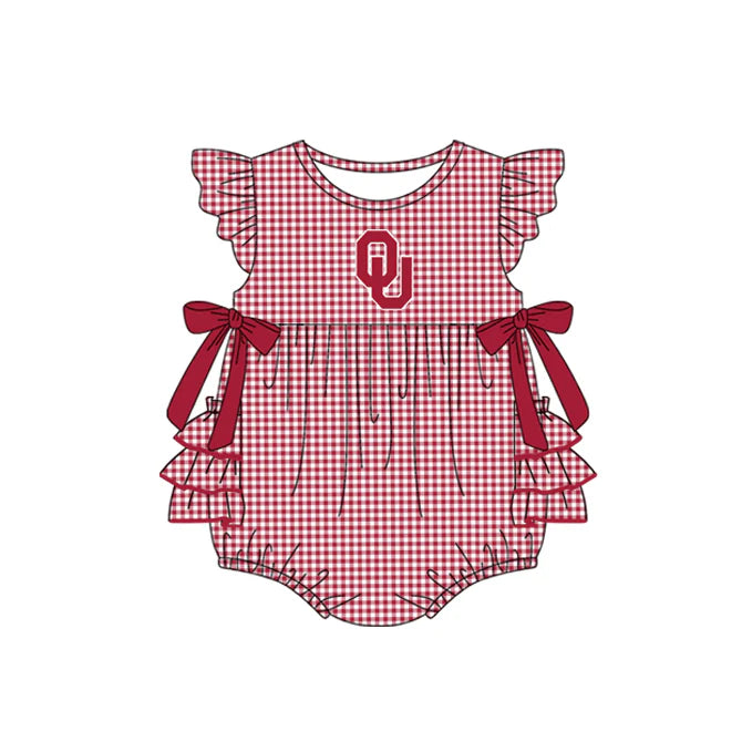 Preorder moq 5 Baby Girls Red Plaid Flutter Sleeves Bows OU Team Rompers 7.10