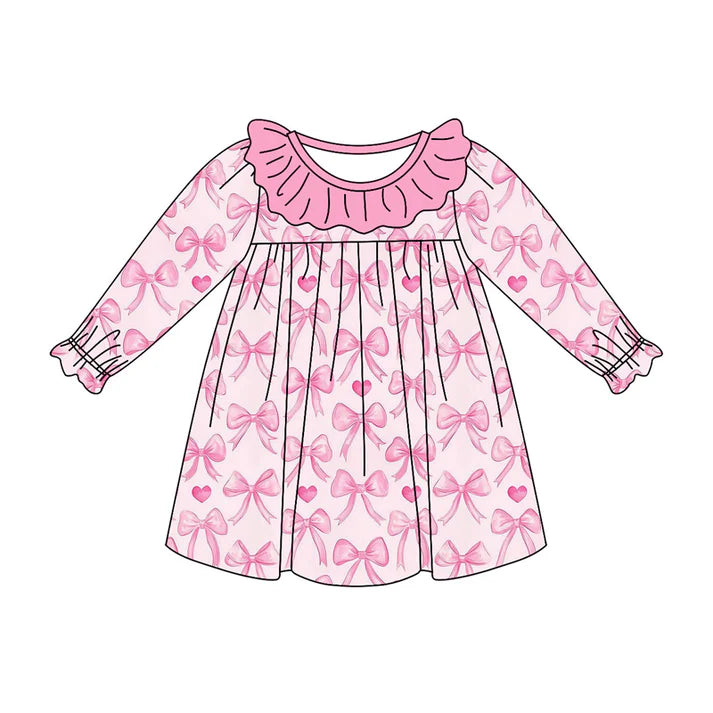 Preorder (moq 5)Baby Girls Pink Hearts Bows Ruffle Sleeve Knee Length Dresses 9.4