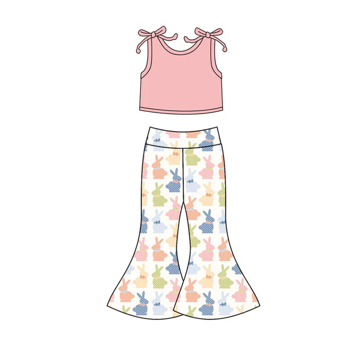Preorder(moq 5) Baby Girls Peach Top Colorful Rabbits Bell Bottom Pants Easter Clothes Sets 10.20