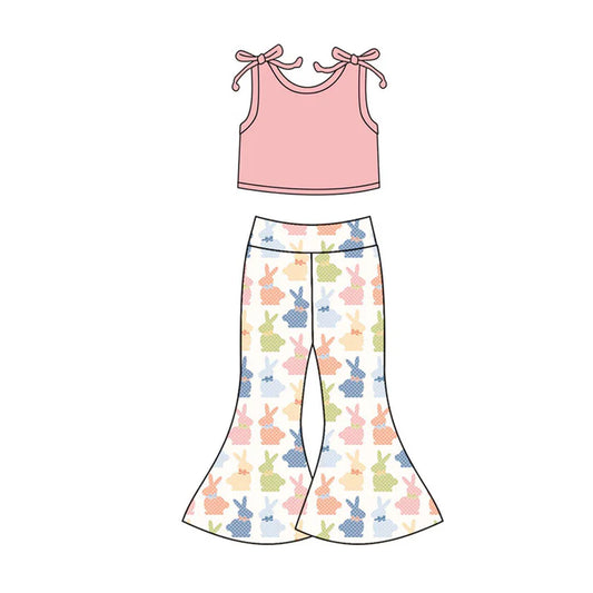 Preorder(moq 5) Baby Girls Peach Top Colorful Rabbits Bell Bottom Pants Easter Clothes Sets 10.20