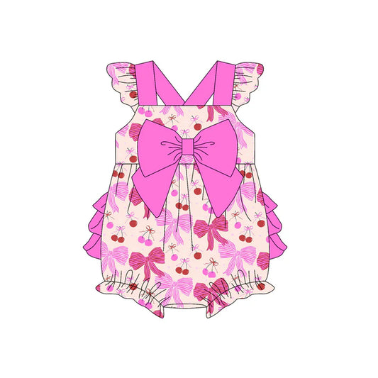 Preorder (moq 5)Baby Girls Hot Pink Flutter Sleeves Colorful Bows Ruffle Bubble Rompers 5.13