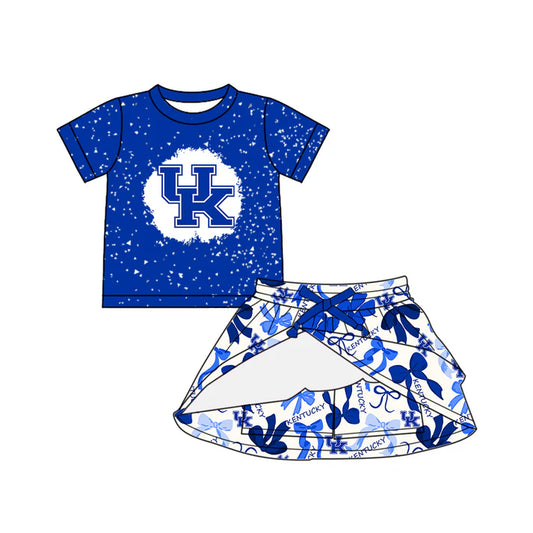 Preorder (moq 5)Baby Girls Blue Short Sleeves UK Top Bows Plaid Skorts Team Set 6.16