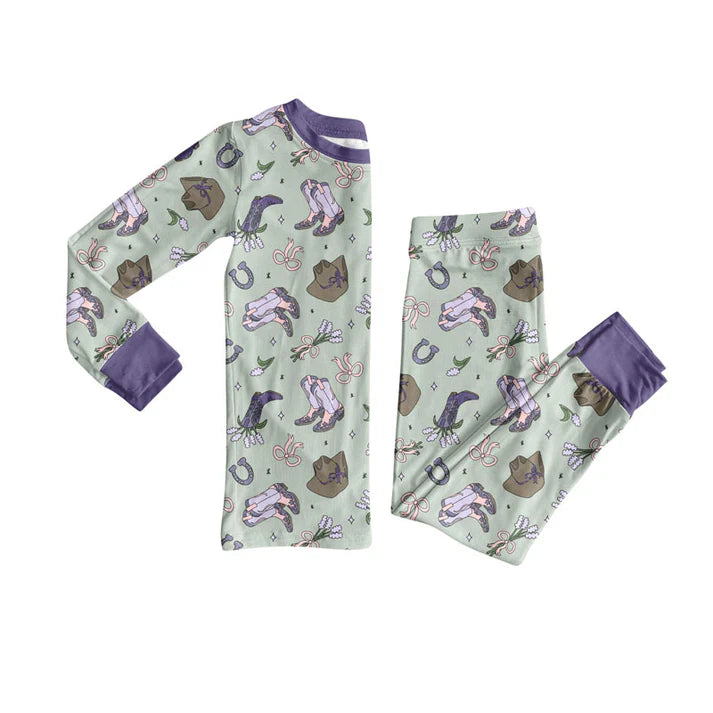 Preorder (moq 8)Baby Girls Purple Boots Hats Flowers Top Pant Pajamas Sets 9.8