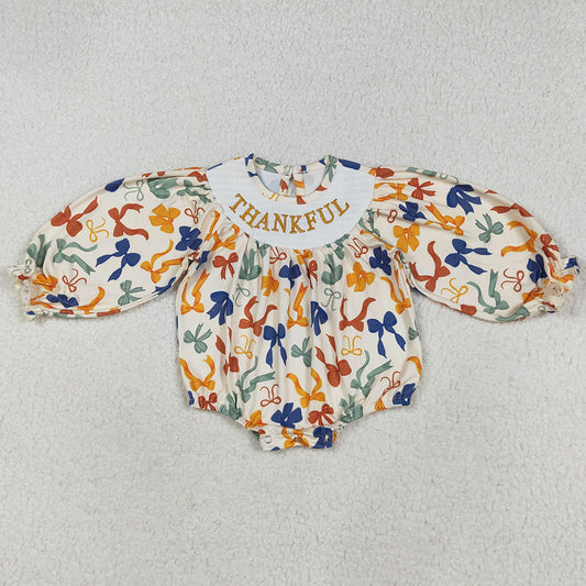 Baby Girls Rompers Smocked Thankful Colorful Bows Ruffle Rompers LR2257 7.19