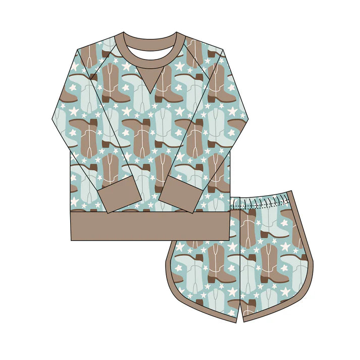 Preorder(moq 8)Baby Girls Blue Boots Stars Plaid Long Sleeve Top Shorts Western Clothes Set 9.27