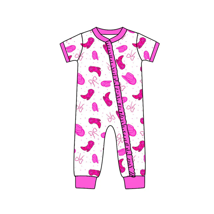 Preorder (moq 5)Baby Girls Hot Pink Boot Hat Bows Western Two Way Ruffle Zip Convertible Rompers 11.26