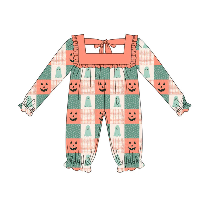 Preorder (moq 5)Baby Girls Long Ruffle Sleeves Orange Green Ghosts Pumpkins Plaid Rompers 5.17