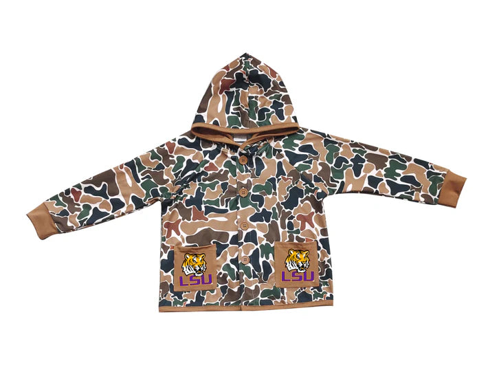 Preorder (moq 5)Baby Boys Dark Brown Camo LSU Tigers Pockets Team Button Hoodie Jackets Top 11.24