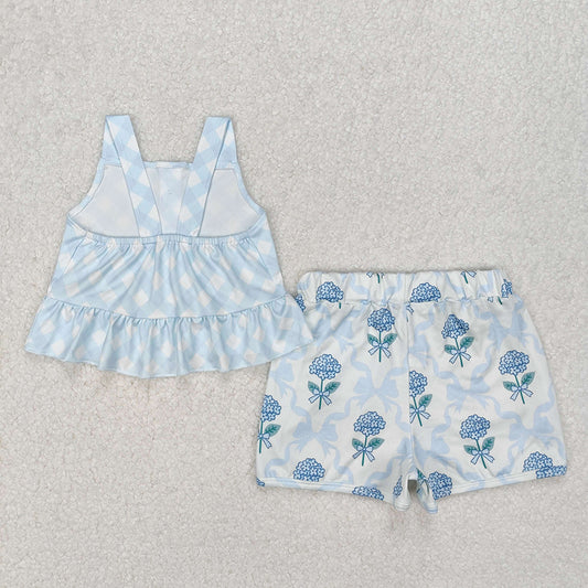 Baby Girls Clothes Blue Checkered Straps Top Flowers Shorts Sets GSSO2078