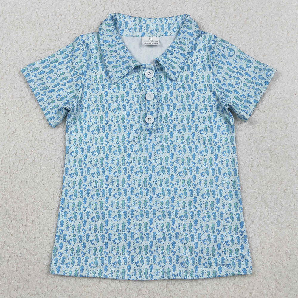 Baby Boys Clothes Blue Short Sleeve Seahorses Button Polo Shirts Tops BT1113
