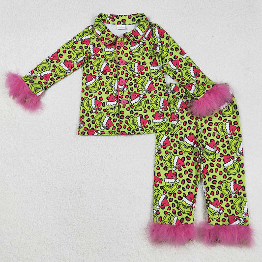 Baby Girls Pajamas Christmas Green Face Leopard Button Top Pant Fur Pajamas Sets GLP2669 9.5
