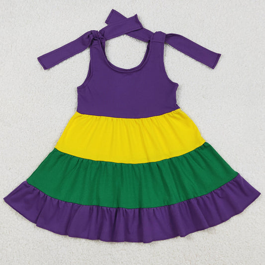 Baby Girls Dress Bows Strap Mardigras Patchwork Ruffle Knee Length Dresses GSD2888 12.23