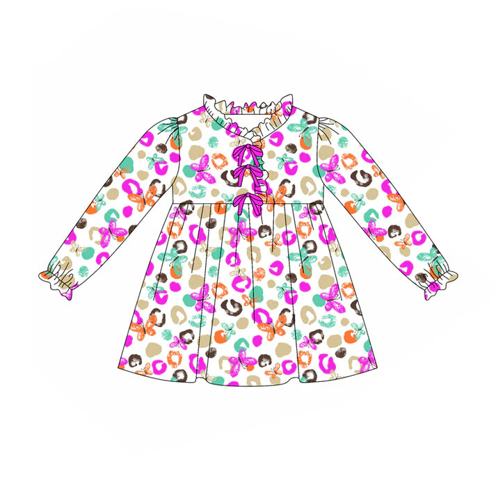 Preorder (moq 5)Baby Girls Purple Leopard Butterfly Knee Length Dresses 8.7