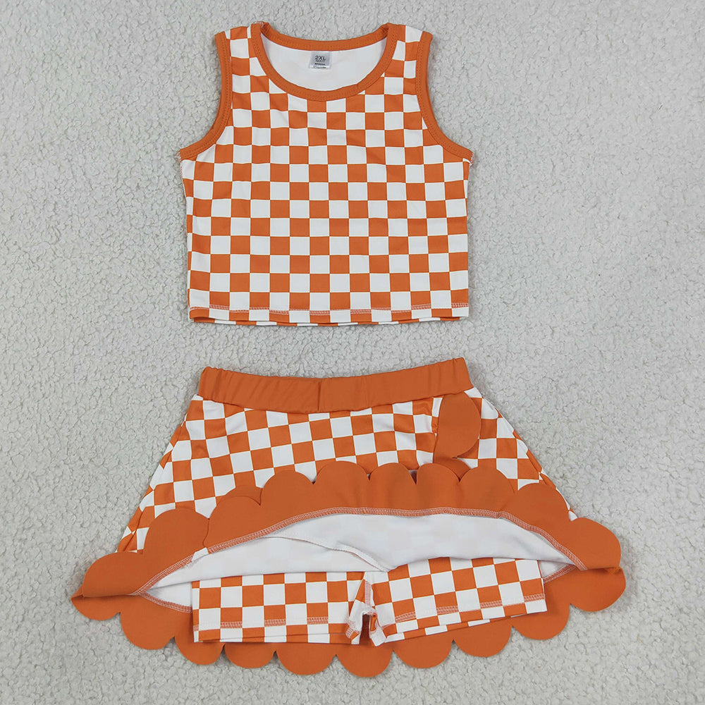 Baby Girls Clothes Orange Checked Vest Scallop Skirt Short Yoga Active Clothes Set GSD4252