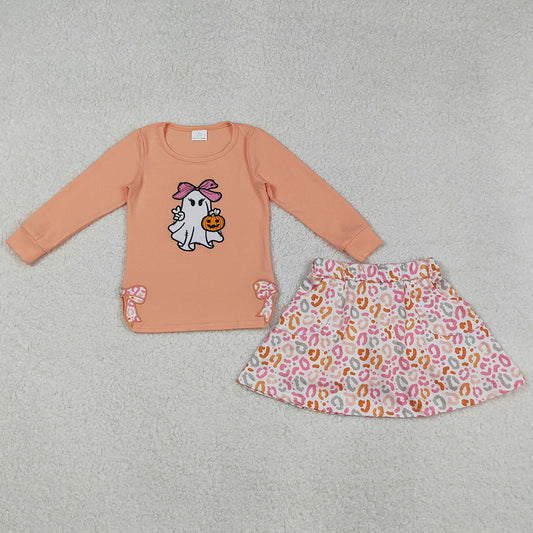 Baby Girls Clothes Halloween Bows Ghost Pumpkins Embroidery Top Leopard Skorts Sets GLD1174 9.1