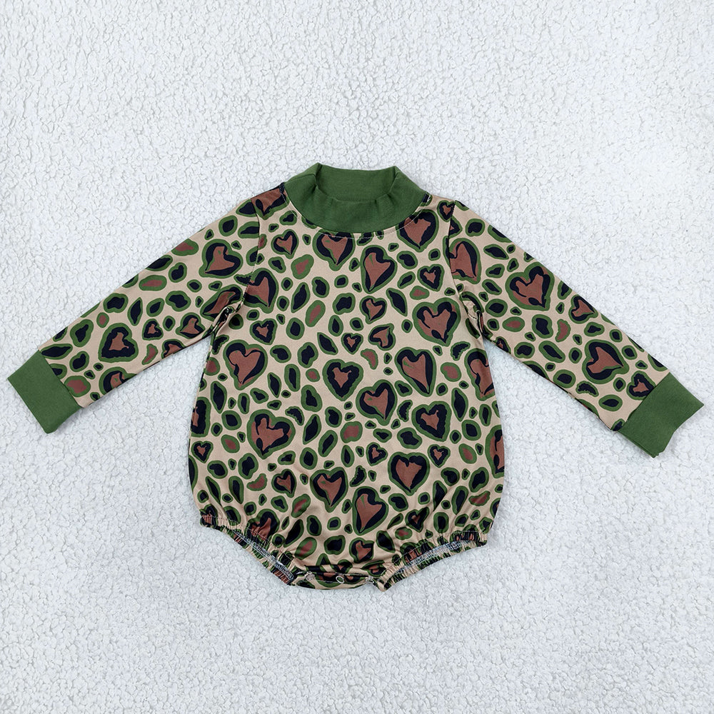 Baby Girls Rompers Long Sleeve Green Leopard Hearts Valentines Choker Rompers LR3333