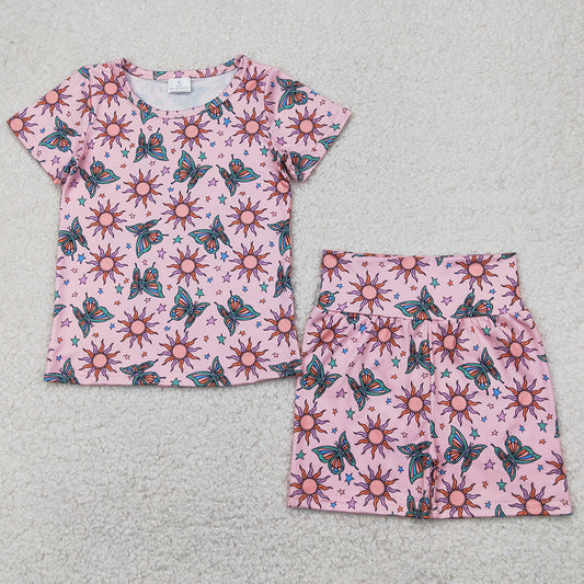 Baby Girls Clothes Pink Short Sleeves Butterfly Suns Stars Top Shorts Pajamas Sets GSSO2437