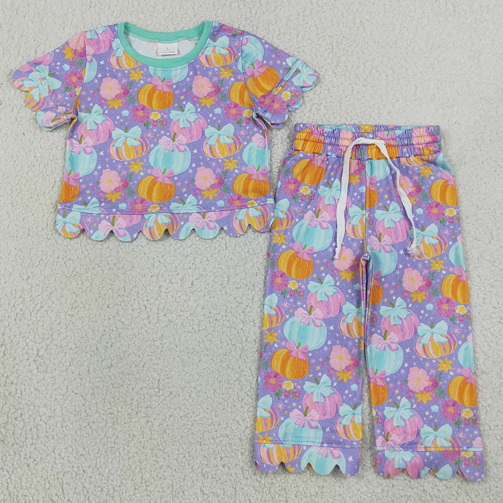 Baby Girls Clothes Colorful Flowers Pumpkins Top Pants Fall Scallop Clothes Sets GSPO2364