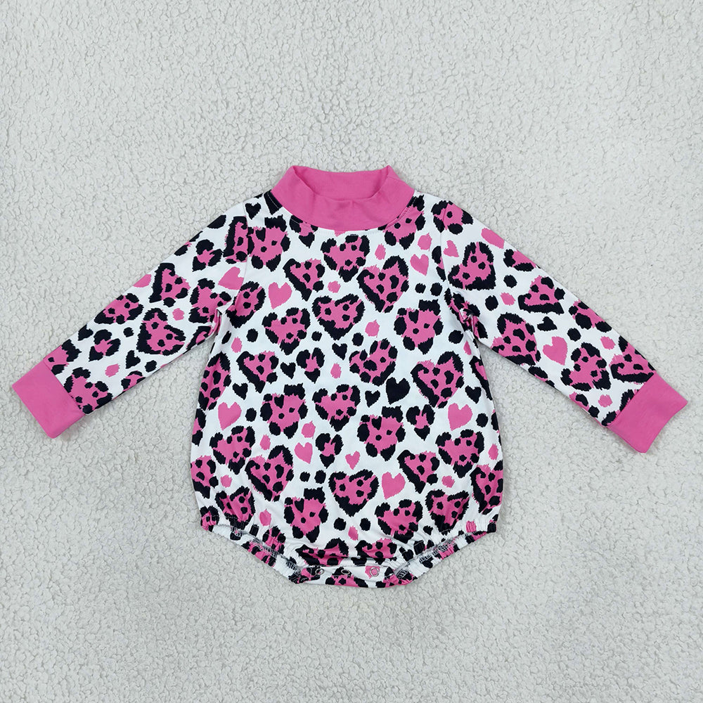 Baby Girls Long Sleeve Pink Black Leopard Hearts Valentines Mock Neck Rompers LR3332