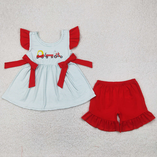 Baby Girls Clothes Flutter Sleeves Trucks Golf Embroidery Tunic Tops Ruffle Shorts Set GSSO2404